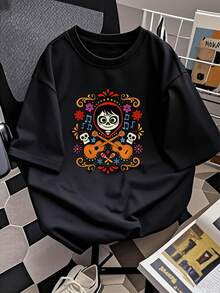 Colorful Illustration Celebrating The Day Of The Dead With Smiling Skulls, Guitars, Flowers, And Musical Notes Symbolizing Joy And Eternal Remembrance. Comfortable Casual Women's T-Shirt - 黑色 - 查看 2