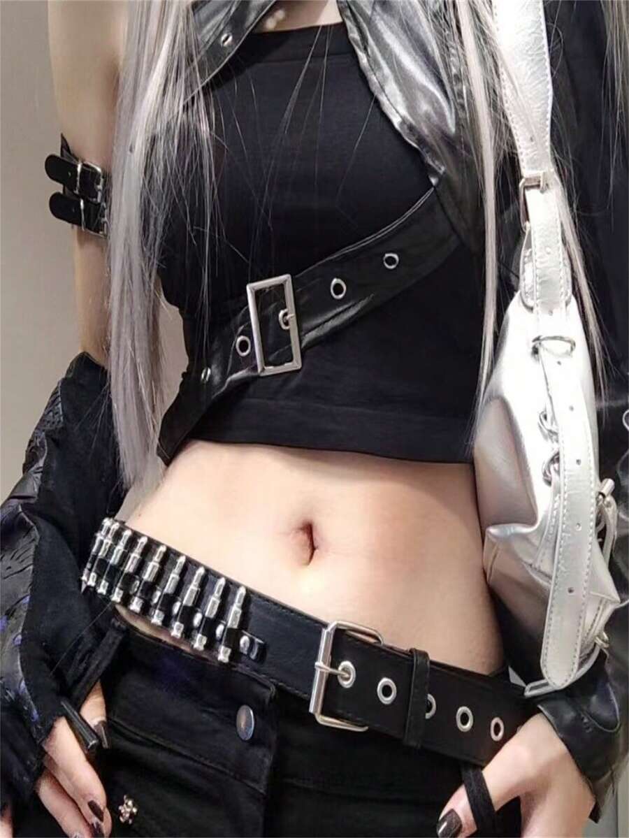 1 chiếc thắt lưng nam kiểu Gothic khóa đinh tán bằng da PU với hạt vuông và hai hàng đinh tán hình kim tự tháp phong cách Punk. - Nhiều màu - Xem 1