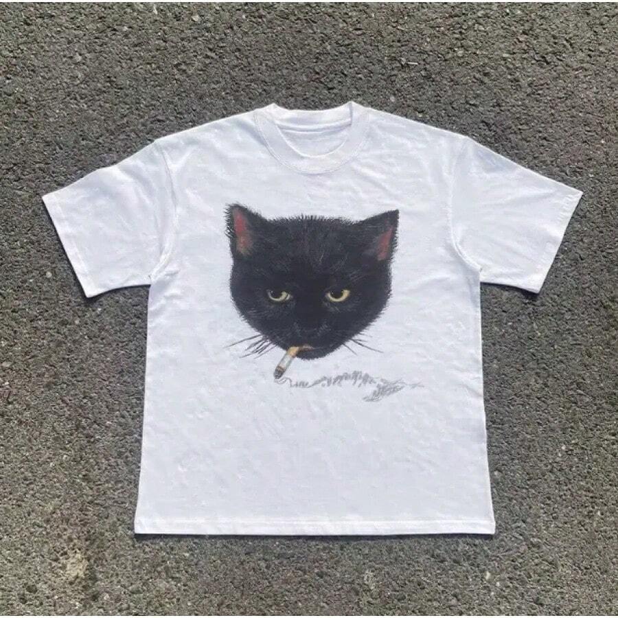 Y2k Cat Print T-Shirt, Unisex Vintage Graphic Tees, Gothic Grunge Y2k Emo Style, Amity Style Clothing For Men And Women, Streetwear 2JS7 - 黑色 - 查看 1