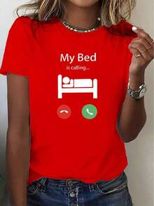 ComfortableCamiseta Casual de Manga Corta para Mujer - Divertido estampado "Mi Cama Me Llama", disponible en varios colores y tallas, tela suave y transpirable, cómoda para el uso diario en - Rojo - Ver 1