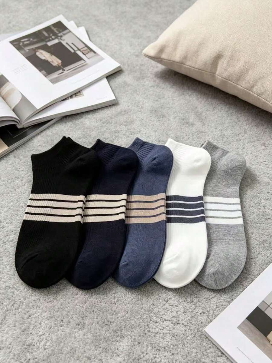 5 đôi tất nam kẻ sọc cổ thấp, thoáng khí, làm từ cotton, thích hợp cho thể thao và thường ngày, chống trơn trượt. - Nhiều màu - Xem 1