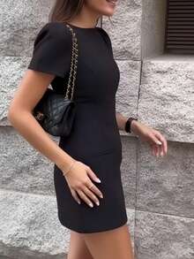 Vestido corto liso primavera 2026, cuello redondo con bolsillos estilo casual - Negro - Ver 4