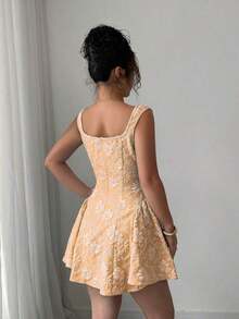 Vestido mini azul de mujer con cuello ancho, sin mangas, cintura recogida y textura de jacquard, elegante y romántico para graduación, baile de graduación, fiesta, festival de música, vacaciones - Naranja - Ver 2