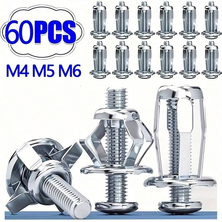 30/60个重型金属锁紧螺母(M4、M5、M6),三种尺寸花头螺钉、锚栓、膨胀塞、窗帘膨胀夹、铆螺母、汽车螺钉,适用于空心墙、铁板、灯具延长件、锁紧螺母、安装螺母、工具包和紧固件 - 耐用金属紧固件 - M4+M5+M6 - 查看 1