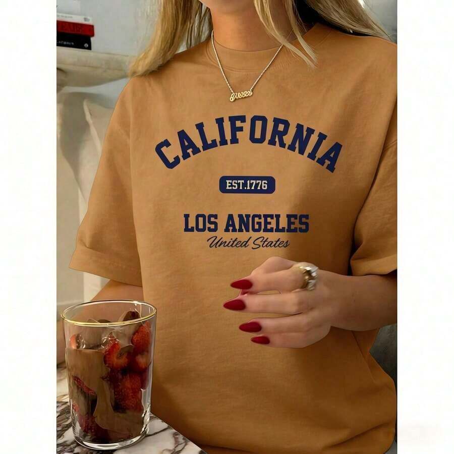 Women's Vintage Graphic T-Shirt With California Los Angeles Design - Casual Crew Neck, Short Sleeve, Cotton, Machine Washable, EST 1776 Print2025 - 咖啡棕 - 查看 1
