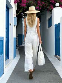 Two-Piece Set: Sleeveless Vest, Wide-Leg Pants, Elegant - 白色 - 查看 3