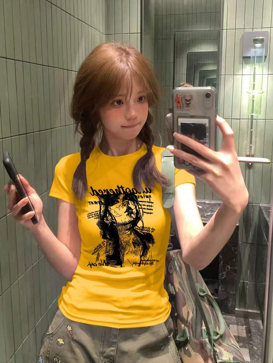 女款美式復古人像與字母印花修身圓領短袖T恤,黃色上衣,休閒夏季款 - 黃色 - 查看 1