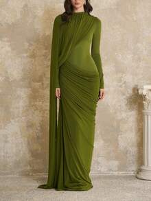 Vestido de cuello redondo y manga larga, corte entallado con pliegues y cintas flotantes, estilo elegante y moderno. - Verde - Ver 7