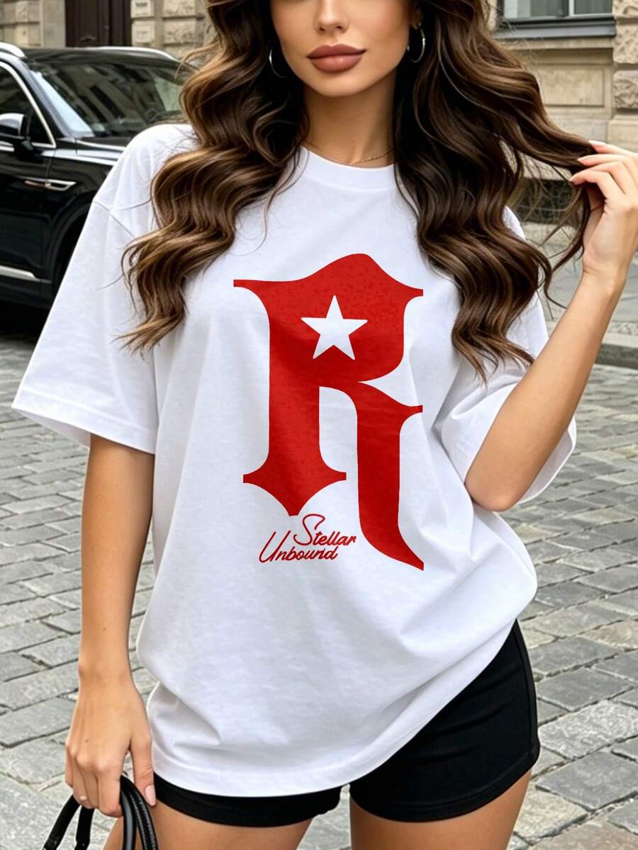 Women's Summer Casual Soft Round Neck Short Sleeve T-Shirt,The Star Letter R Print Graphic Is Suitable For Daily Wear In Spring And Summer.White - White - View 1