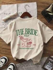 Camiseta de verano de manga corta para mujer, cuello redondo, "THE BRIDE, EST. "Patrón estampado suave, blanco casual 100% algodón - Albaricoque - Ver 4