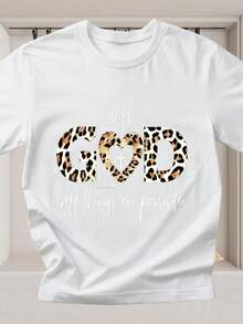 Comfortable And Stylish Women's T-Shirt With A Leopard Print And The Inspiring Slogan: "Oh God, Anything Is Possible." This  Women's T-Shirt Features Cartoon Lettering, A Crew Neck Design, And Is Made Of Pure Cotton Fabric. The Design Is Simple, Comfortable, And Breathable, Suitable For Casual Everyday Wear. Versatile And Practical, It Boasts A Natural And Elegant Style, Making It A Must-Have For Summer Parties. - 白色 - 查看 5