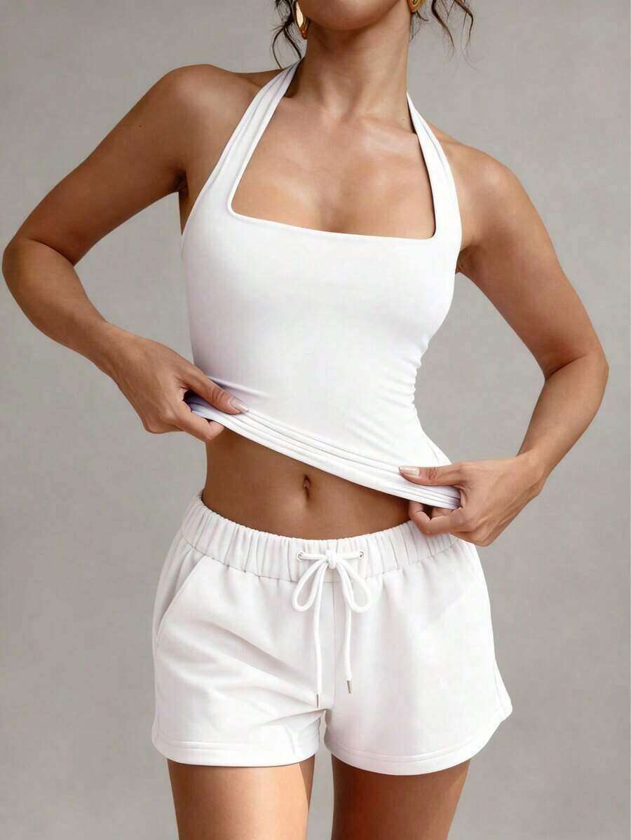 Camiseta sin espalda sexy, top de verano con cuello cuadrado elástico, ajuste casual y elegante, color amarillo para vacaciones - Blanco - Ver 1