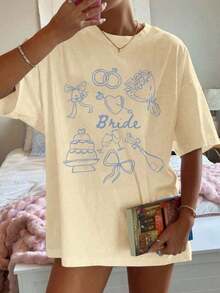 Short-Sleeved T-Shirt With Round Neck And Bridal Text Design, Casual Loose Fit, Bridal Party Gift, Fashionable T-Shirt For Wedding Season, Casual Summer Short-Sleeved T-Shirt, White Color, 100% Cotton. - 杏色 - 查看 4