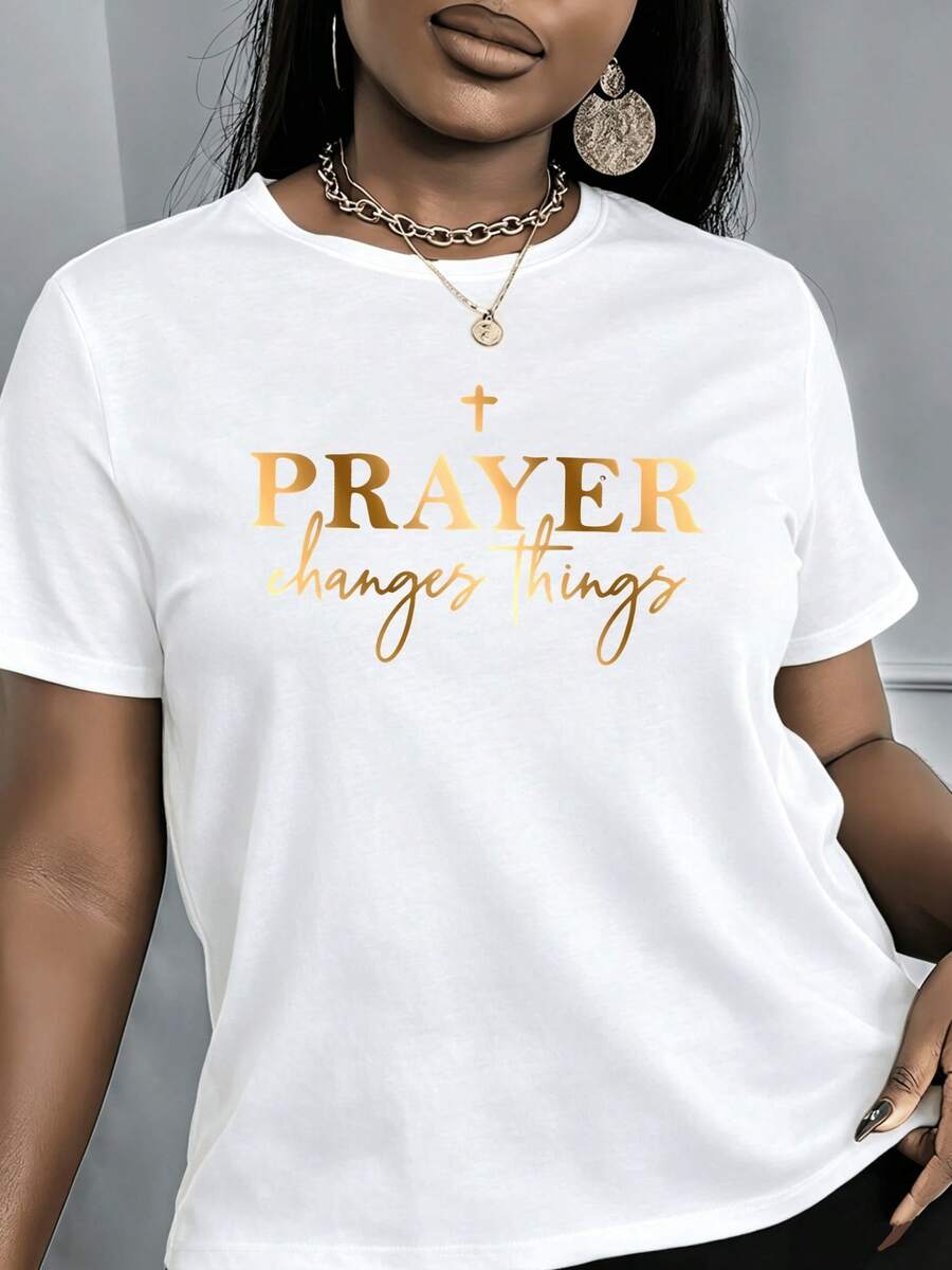 Elegant Women's T-Shirt With Round Neck And Letter Print In Polyester For Spring/Summer - White - View 1