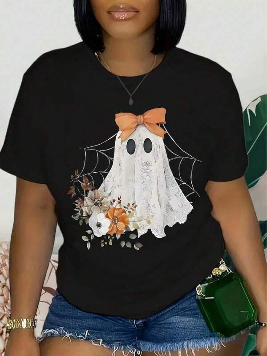 Women's Casual Short-Sleeved Round Neck Top, Spring/Summer Casual Wear, Printed T-Shirt, Women's Blouses, Blouses, Ladies' Casual Blouses, Women's Tops, Tops, Unisex. - 黑色 - 查看 1