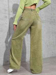 Jeans de mezclilla de unicolor minimalista para uso diario de mujer - Verde - Ver 2