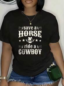 Women's 100% Cotton Short-Sleeved T-Shirt, Round Neck, Regular Fit, Geometric Print, Suitable For All Seasons, With "Rescue Horse Riding Cowboy" Print, Casual Wear, Fun Print, Stretchy Fabric - Everyday T-Shirts. - Black - View 7