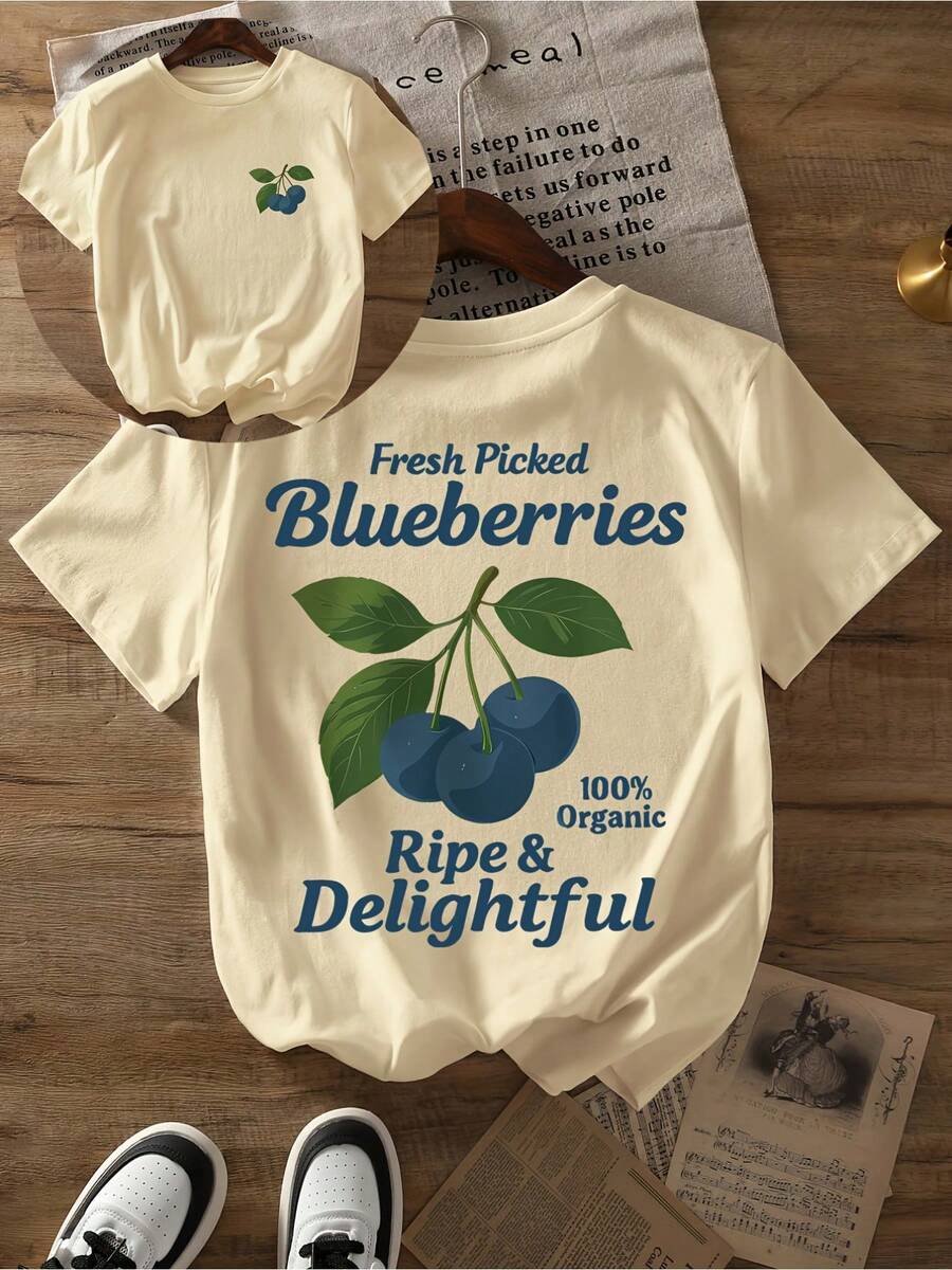 Printed T-Shirt With Green Leaf And Blueberry Design, Casual Short-Sleeved Top With Round Neck, Suitable For Daily Wear In Spring And Summer, Women's Clothing, Soft And Breathable Fabric, Printed T-Shirt, Adult Size, Fashionable Women's Clothing. - 杏色 - 查看 1