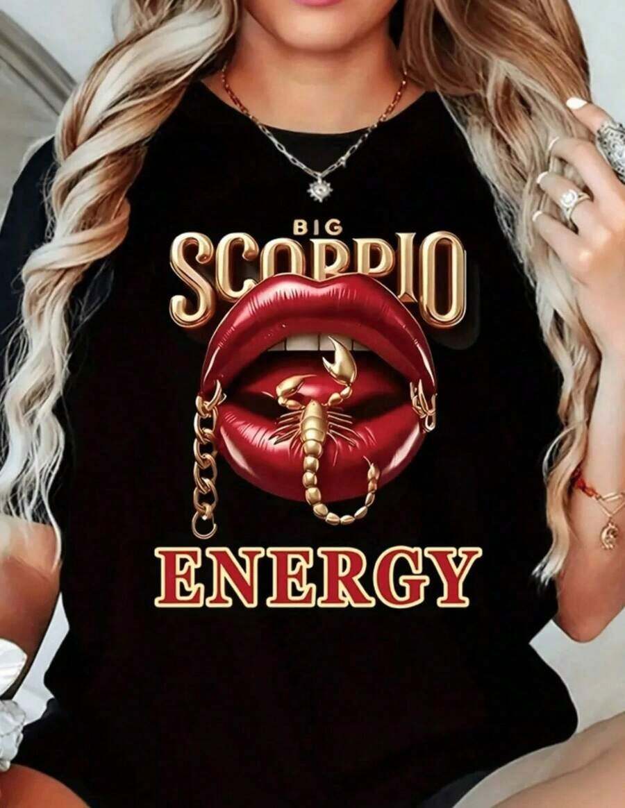 Women's Printed Short Sleeve Scorpio Lip Summer Round Neck Casual Black White Cartoon Print T-Shirts Loose, Casual And Versatile Top T-Shirt - 黑色 - 查看 1