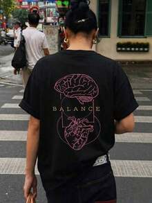 NewSummerCasual Women's Short Sleeve Crew Neck T-Shirt For Summer With "Anatomy Of The Brain And Heart" Print - BALANCE, Suitable For Street, Daily Wear, Work, Office Party, Going Out, Casual Holiday Occasions - Vintage Street Style Unisex Loose Cotton Short Sleeve Crew Neck T-Shirt - 黑色 - 查看 2