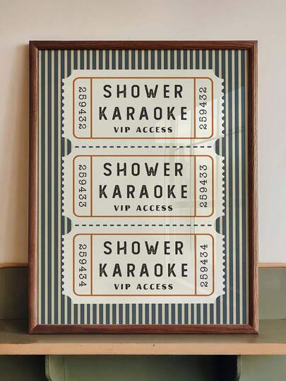 1pc Framed Canvas Wall Art, "Shower Karaoke VIP Pass" Ticket Stub Canvas Mural, Vintage Blue Striped Background Bathroom Wall Hanging, Fun Retro Concert Ticket Style Artwork, Bathroom Poster, Suitable For Bathroom And Restroom, Whimsical Music Lover Home Decor Gift, Home Decor, Room Decor Aesthetic, Apartment Decor, Bedroom Decor, Living Room Decor, Best Gift For Friends, Housewarming Gift, Mother's Day Decor, Father's Day Poster, Wedding Gift, Campus Poster