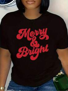 Women's Cotton Crew Neck T-Shirt, % Cotton, Merry & Bright, One Size, Soft And Loose Fit, Festive Letter Print, One Size 's Blouses Shirt - 黑色 - 查看 7
