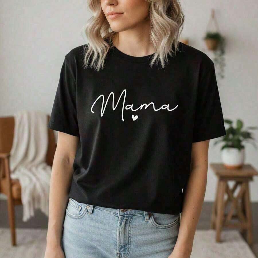 Soft 100% Cotton T-Shirt, New Summer Style, Women's Pure Cotton "Mama" Print Short-Sleeve T-Shirt, Casual Loose Fit With A Round Neck, Soft And Breathable Basic Top For Everyday Wear, Available In Sizes S-5XL, T-Shirt With White "Mama" Lettering And Heart Detail, Comfortable Cotton Blouse For Mothers, Simple And Elegant T-Shirt For Moms, Machine Washable. A Great Gift For Family, Siblings, Friends, Parents, Or Teachers. Breathable Cotton T-Shirt, Goes With Everything. - 黑色 - 查看 1