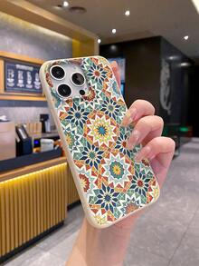 1pc Fashionable Rhombus Flower Middle Eastern Pattern Beige Leather Texture Shockproof Phone Case Suitable For Samsung/Mi/Transsion - Beige - View 2