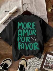 Women's Casual Cotton T-Shirt With A Letter Print Inspired By The Spanish Phrase MORE AMOR POR FAVOR, Meaning Please Give Me More Love, With Heart Embellishments - Soft Knit Fabric.|Crew Neck|Short Sleeves|Slightly Stretchy|All-Season Tops|Fashionable|Quick-Drying|Durable|Machine Washable FNYQ - 黑色 - 查看 3