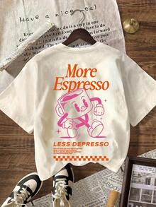 Camiseta de manga corta con cuello redondo y estampado gráfico de More Espresso Coffee Club para mujer, camiseta casual de verano, estilo unisex. - Albaricoque - Ver 3