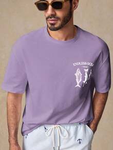 HIMLAND Men's Short Sleeve Crew Neck Drop Shoulder T-Shirt With Fish Graphic Print, Casual Style, Suitable For Outdoor Activities, Home, Dates, Beach, Funny White T-Shirt, Summer, Gifts For Men, Plus Size Beach T-Shirt, Spring Tops. - 紫色 - 查看 4