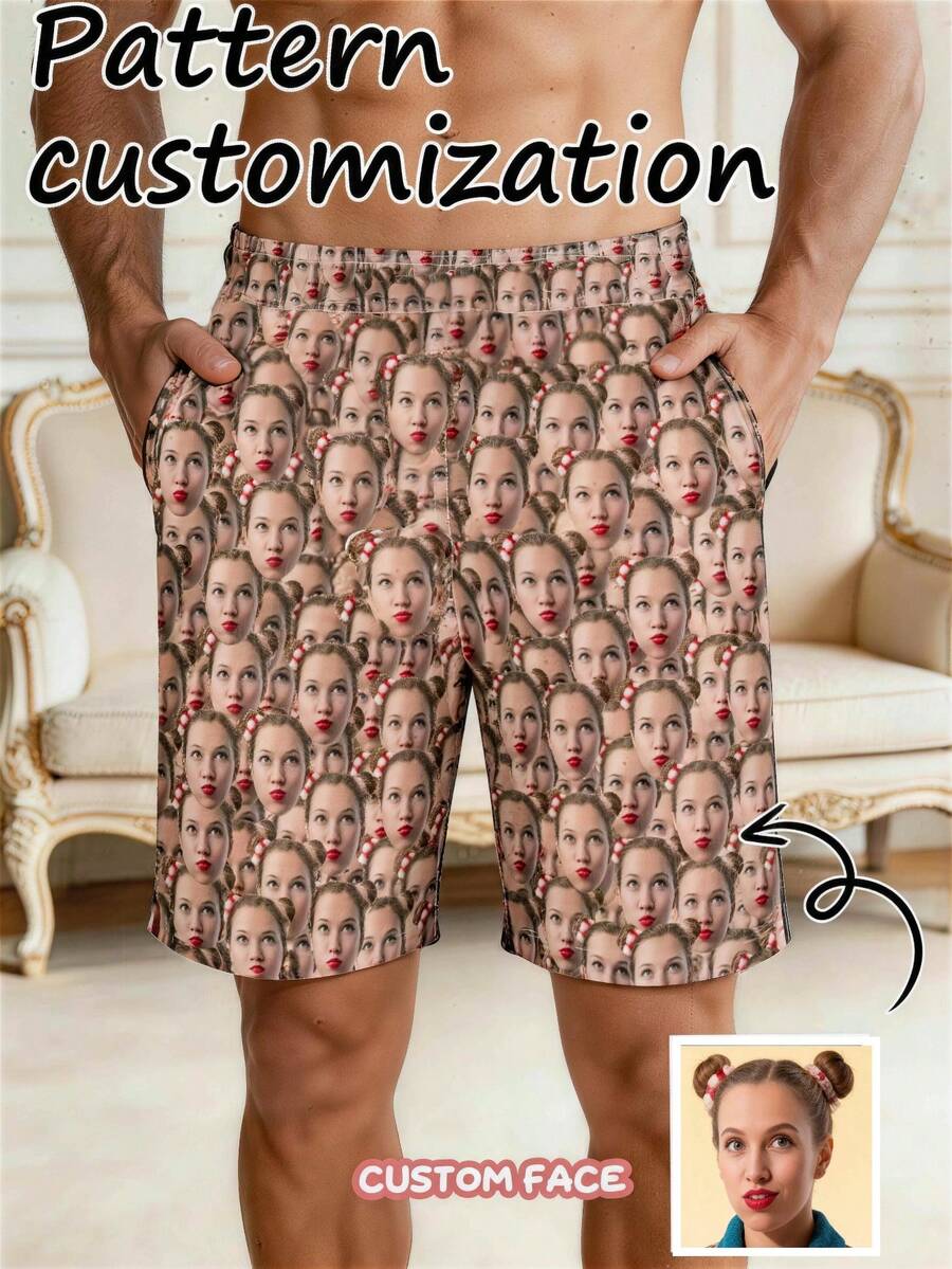 Customizable Men's Pajama Shorts, Can Print Personal Photos, Men's Summer Casual Beach Vacation, Suitable As Boyfriend Gift, Heart-Shaped, Holiday Gift, Men's Beach Shorts, Men's Swim Shorts, Men's Swimwear, Men's Beach Clothing, Shorts, Men's Casual Shorts - Multicolor - View 1