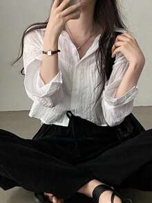Women's Wrinkled Long Sleeve Blouses Loose Shirt With Sun Protection - 白色 - 查看 3