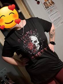 Casual T-Shirt, Women's Clothing With Rose And Skull Print, Short Sleeve, Slightly Elastic - Unisex Loose Cotton T-Shirt With Short Sleeves And Round Neck Urban Vintage Style. - 黑色 - 查看 4