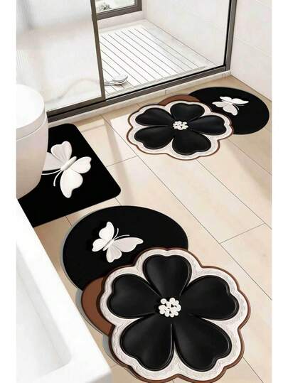 Butterfly & Four-Leaf Clover Bathroom Mat, Washable Rug, Doormat, Small Carpet, Area Rug, Home Decor, Outdoor Mat, Bedroom Carpet