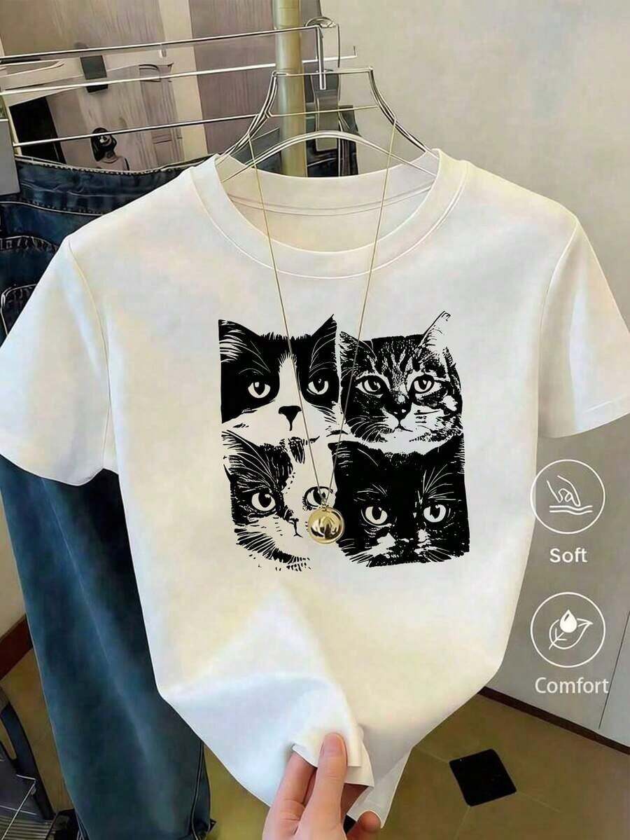 [Entrega Local]Playera Para Mujer Camiseta Con Estampado De Camisa Casual Para Mujer, Manga Corta Y Cuello Redondo, Moda Urbana Local De Primavera/Verano. - Blanco - Ver 1