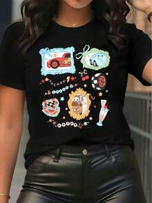 Disney Women's Popular Printed Cartoon Car Lightning McQueen Sally Spark Plug Racing Elements Short-Sleeved Round Neck T-Shirt, Casual, Comfortable, Fashionable And Versatile For Spring, Summer And Autumn Clothes, Optimistic Design Of Elastic Fabrics, Couple Shirts, Unisex, Holiday Gifts. - màu đen - Xem 1