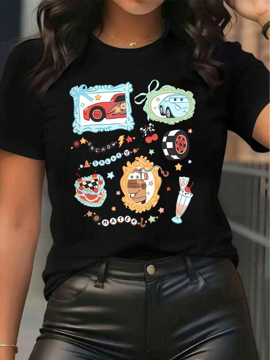 Disney Women's Popular Printed Cartoon Car Lightning McQueen Sally Spark Plug Racing Elements Short-Sleeved Round Neck T-Shirt, Casual, Comfortable, Fashionable And Versatile For Spring, Summer And Autumn Clothes, Optimistic Design Of Elastic Fabrics, Couple Shirts, Unisex, Holiday Gifts. - màu đen - Xem 1