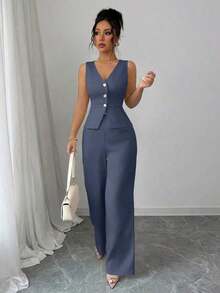 Conjunto de camiseta sin mangas y pantalones elegante para mujer, estilo de oficina y transporte, atuendo de otoño para maestros - Azul - Ver 3