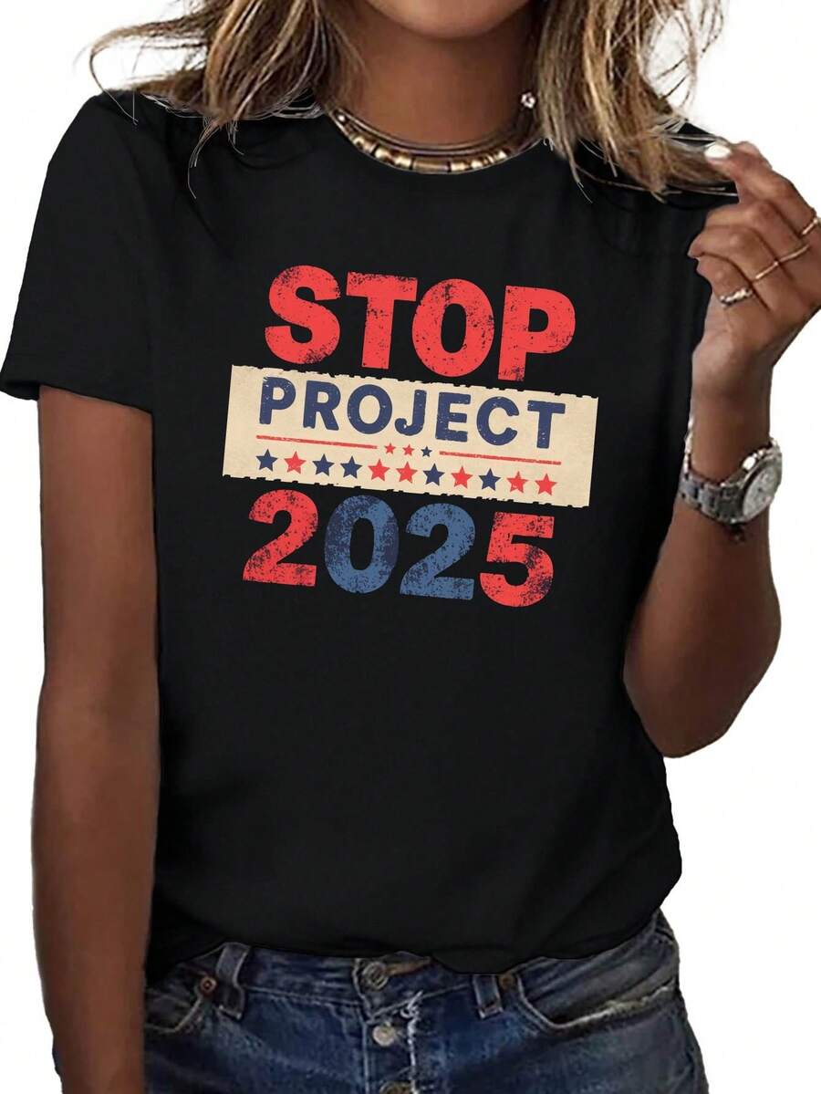 STOP PROJECT 2025 WOMEN'S T-SHIRT, COMFORTABLE FIT - 黑色 - 查看 1