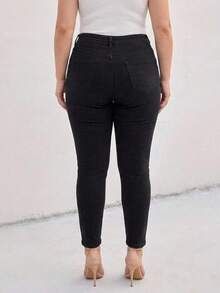 High Waist Black Wash Tummy Tuck Skinny Plus Size Woman Denim Jean - Black - View 3