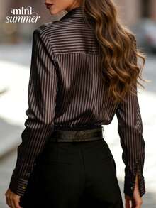 Women Satin Button Down Shirt, Lapel Collar Long Sleeve Gold Buttons Elegant Burgundy Silk Look Blouse - Coffee Brown - View 2