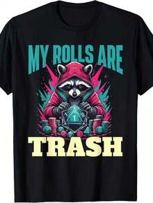 "My Rolls Are Trash" D20 RPG Board Game T-Shirt - Funny Trash Can Design With Raccoon And D20 Dice Graphic - Unisex Retro 220gsm T-Shirt For D&D Fans, Casual Gamer Clothing (Men And Women) - All Season Fit RFBB - 黑色 - 查看 7