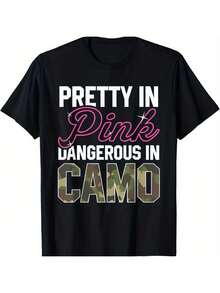 [Fast Arrival] Interesting Pink Camouflage Print Hunting T-Shirt, Unisex, Soft, Breathable And Comfortable Fabric, Short Sleeve Black T-Shirt, A Must-Have Fashion Item For Autumn, Cool Summer Clothes For Women. - 黑色 - 查看 5