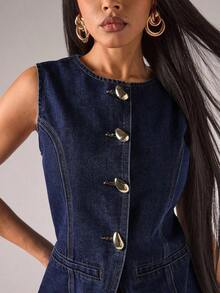 Blusa vaquera sin mangas con botones delanteros, casual y para ir al trabajo, para verano - Azul lavado oscuro - Ver 5