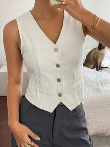 Chaleco vaquero casual con cuello en V para mujer - Blanco - Ver 7