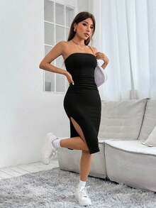 Vestido corto de verano ajustado tipo tubo con abertura lateral - Negro - Ver 8