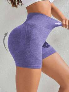Sport Pantalones cortos deportivos sin costuras de cintura alta para mujer - Pantalones cortos con control de abdomen y elevación del trasero suave para correr, ciclismo, yoga, pickleball, ejercicio, uso diario, color negro - Morado - Ver 4