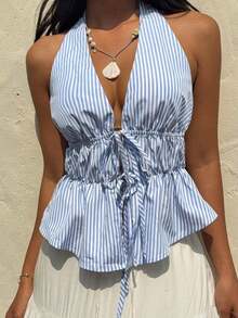 Top de tirantes sexy con cuello halter, espalda descubierta y cordón a rayas para mujeres - Azul y blanco - Ver 7