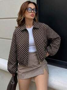 Chaqueta con bolsillo con cremallera de lunares rosas para mujer - Abrigo casual suelto con solapa para primavera/otoño - Marrón 2 - Ver 1